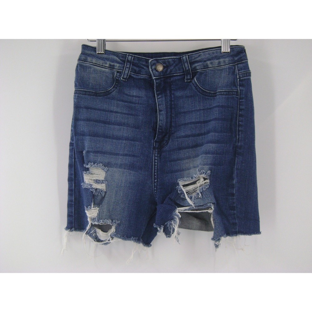 Cello High Rise Distressed Denim Jean Shorts Med-Wash Size 11/30 Raw Hem frayed